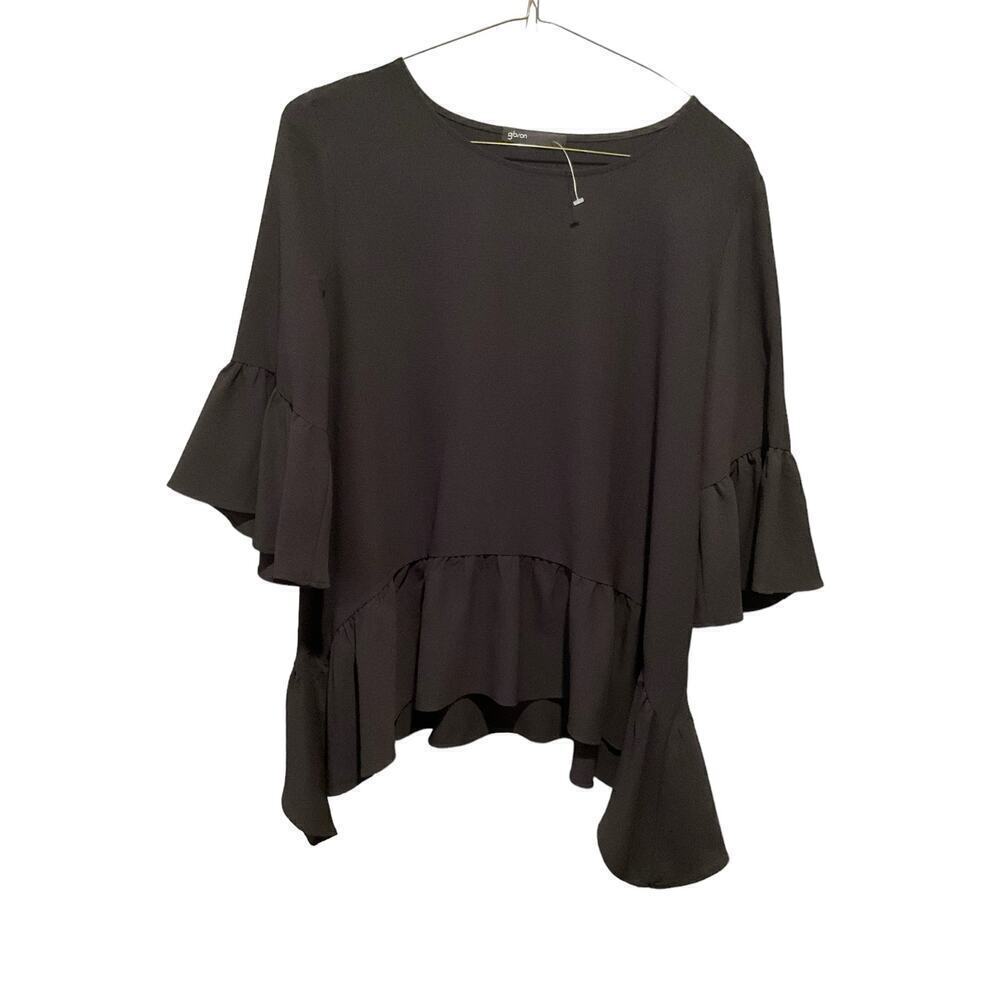 Gibson Ruffle Blouse Top Women SZ L Black Flutter Long Sleeve Round Neck Cotton